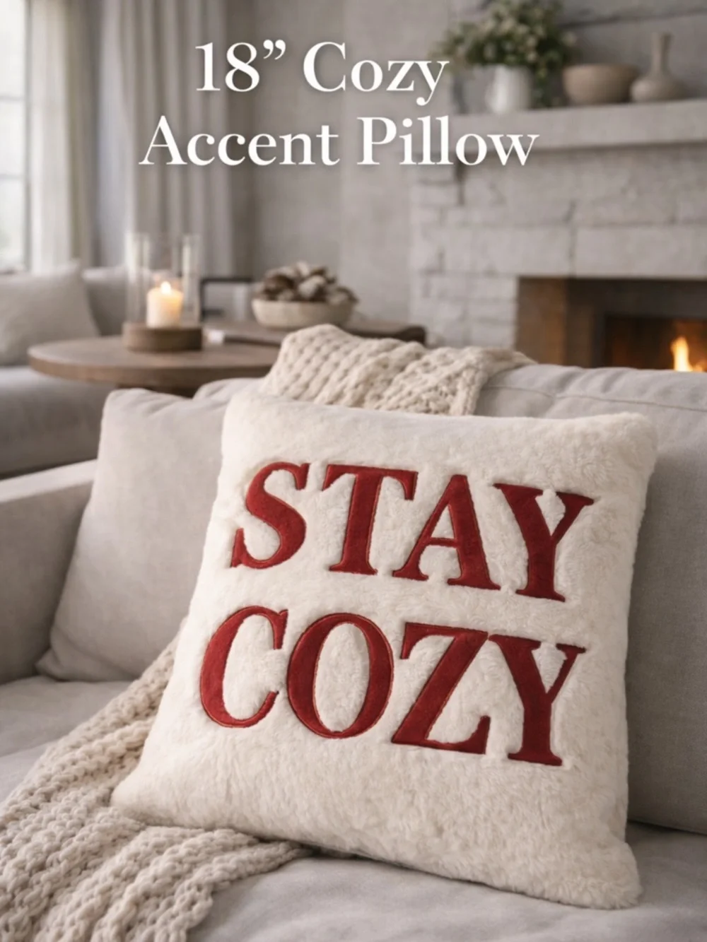 STAY COZY PLUSH THROW PILLOW CUSHION 18” WHITE FAUX FUR GOLD TRIM RED LETTER